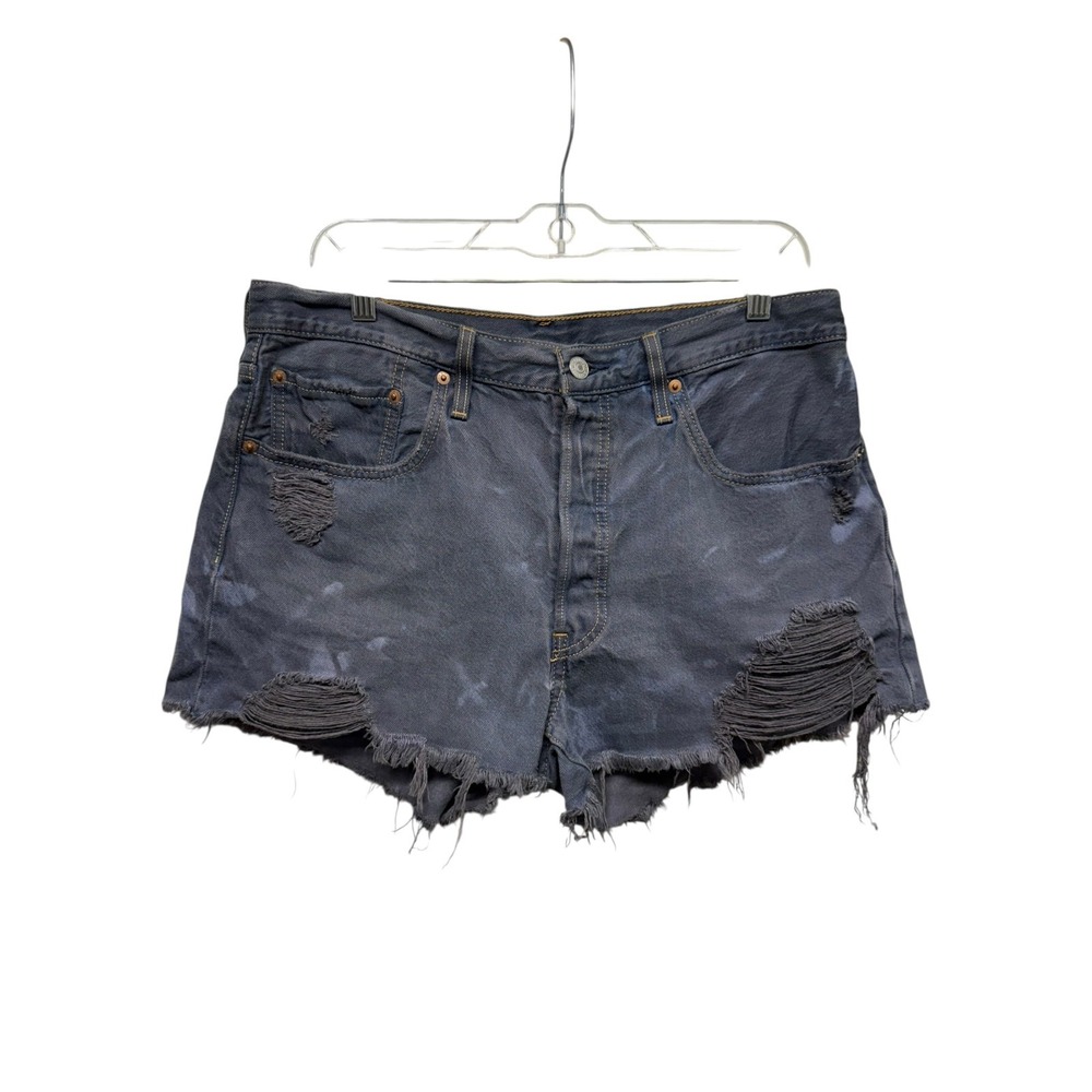 Levis 501 Denim Jean Shorts Women 31 Blue Bleached Button Fly Distressed Cut Off